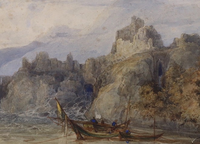 François Louis Thomas Francia (1772–1839), watercolour, Coastal scene with figures, shipping and boats, signed, 12 x 17cm